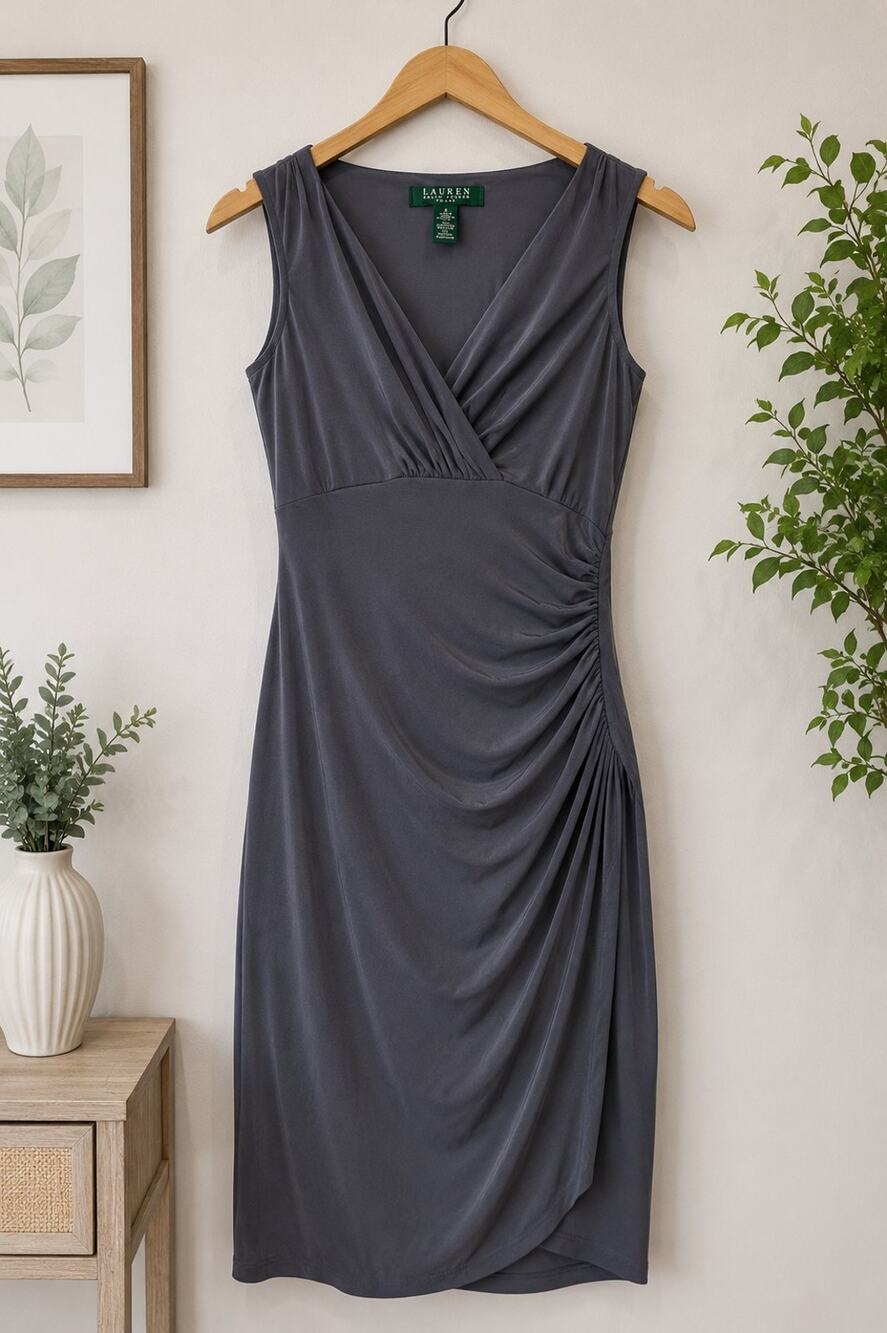 Lauren Ralph Lauren Women’s Gray Ruched Sleeveless Stretch Midi Dress Size2 XS
